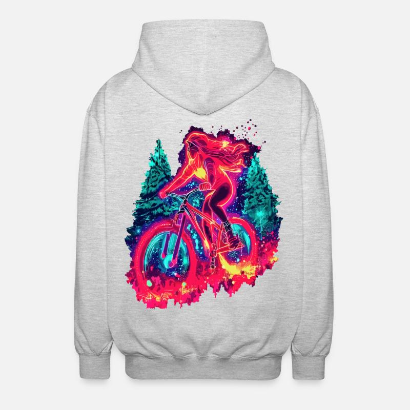 Synthwave Mountainbike Mädchen Waldfahrt - Unisex Kapuzenjacke - Hellgrau meliert