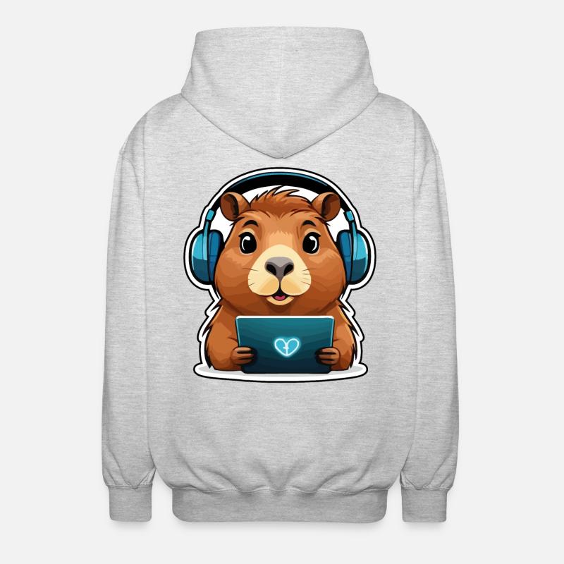Capybara mit Computer - Unisex Kapuzenjacke - Hellgrau meliert