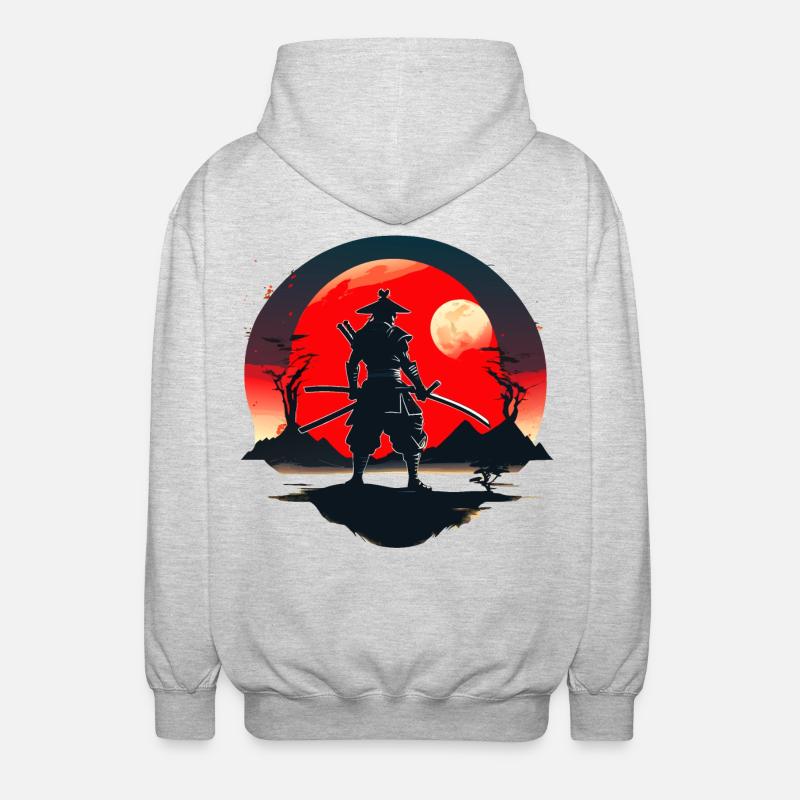 Samurai-Silhouette mit rotem Mondhintergrund - Unisex Kapuzenjacke - Hellgrau meliert