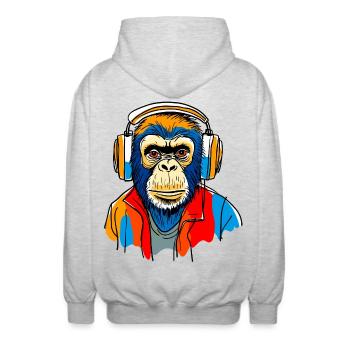Monkey with headphones - Unisex Hooded Jacket - light heather grey - Back - AI Model Male 185 light (185cm)