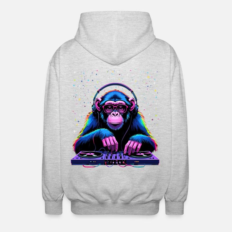 Bunter DJ-Affe mit Kopfhörern und Brille - Unisex Kapuzenjacke - Hellgrau meliert
