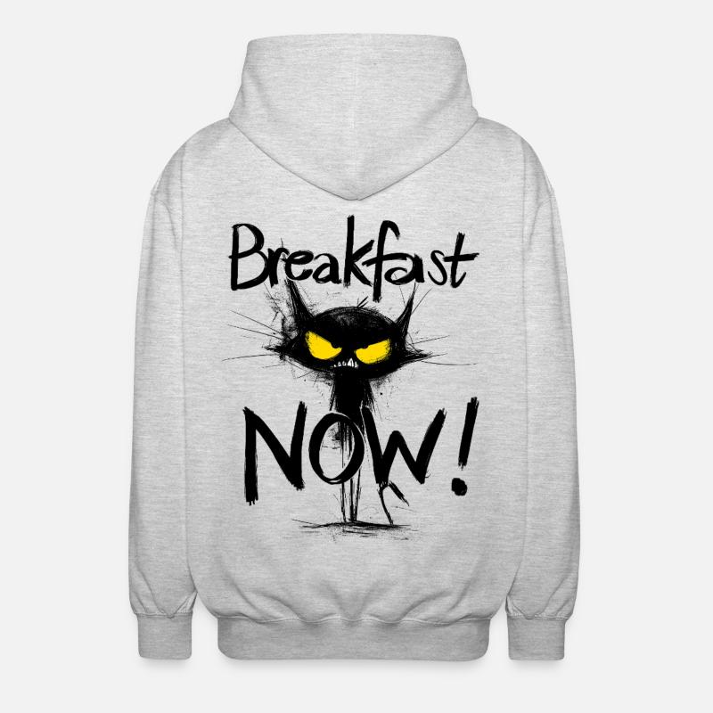 Grimmige schwarze Katze – Breakfast NOW! - Unisex Kapuzenjacke - Hellgrau meliert