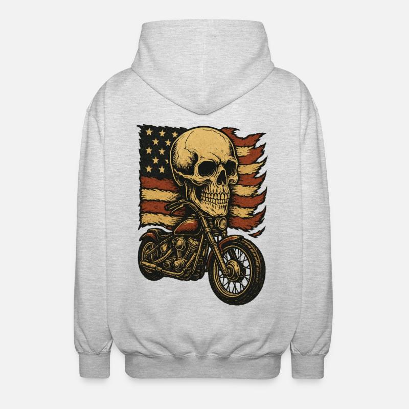 Moto skeleton devant le drapeau américain - Veste à capuche unisexe - gris clair chiné