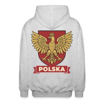 Polska Golden Eagle Wappen auf rotem Schild - Unisex Kapuzenjacke - Hellgrau meliert - Hinten - AI Model Male 185 light (185cm)