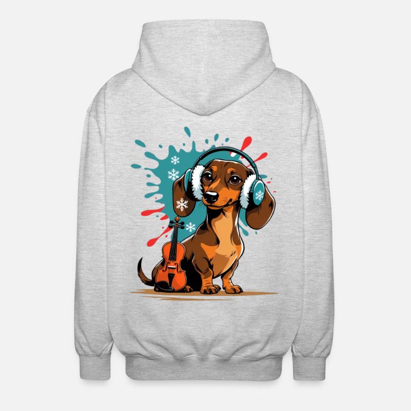 Wintermusik-Dackel mit Kopfhörern - Unisex Kapuzenjacke - Hellgrau meliert