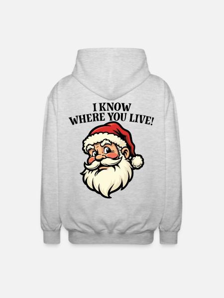 Ich weiß, wo du wohnst – Weihnachtsmann - Unisex Kapuzenjacke - Hellgrau meliert
