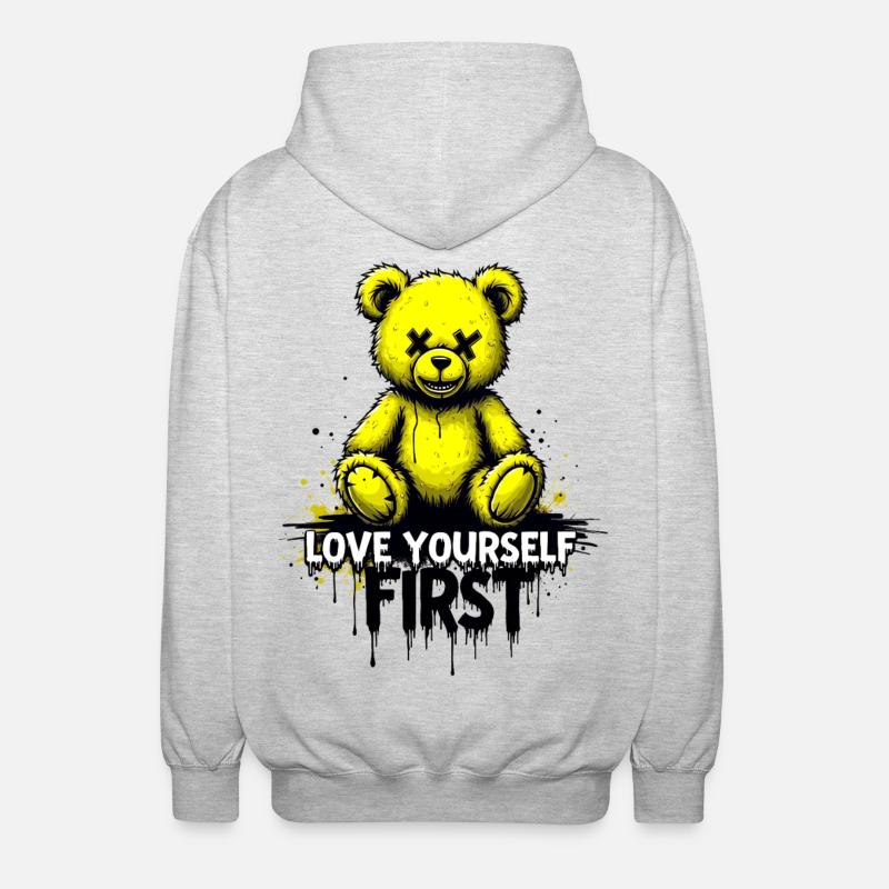 Love Yourself First Teddybär Graffiti - Unisex Kapuzenjacke - Hellgrau meliert
