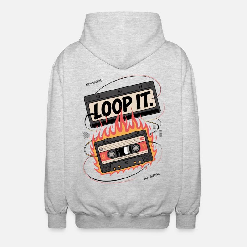 Retro Kassette mit "Loop It" Flammen-Design - Unisex Kapuzenjacke - Hellgrau meliert