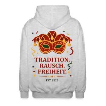 Tradition. Rausch. Freiheit. – Karnevalsmaske - Unisex Kapuzenjacke - Hellgrau meliert - Hinten - AI Model Male 185 light (185cm)