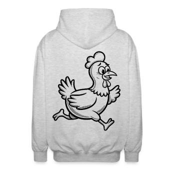 Lustiges Huhn Henne Hahn Gockel Rennen Laufen  - Unisex Kapuzenjacke - Hellgrau meliert - Hinten - AI Model Male 185 light (185cm)