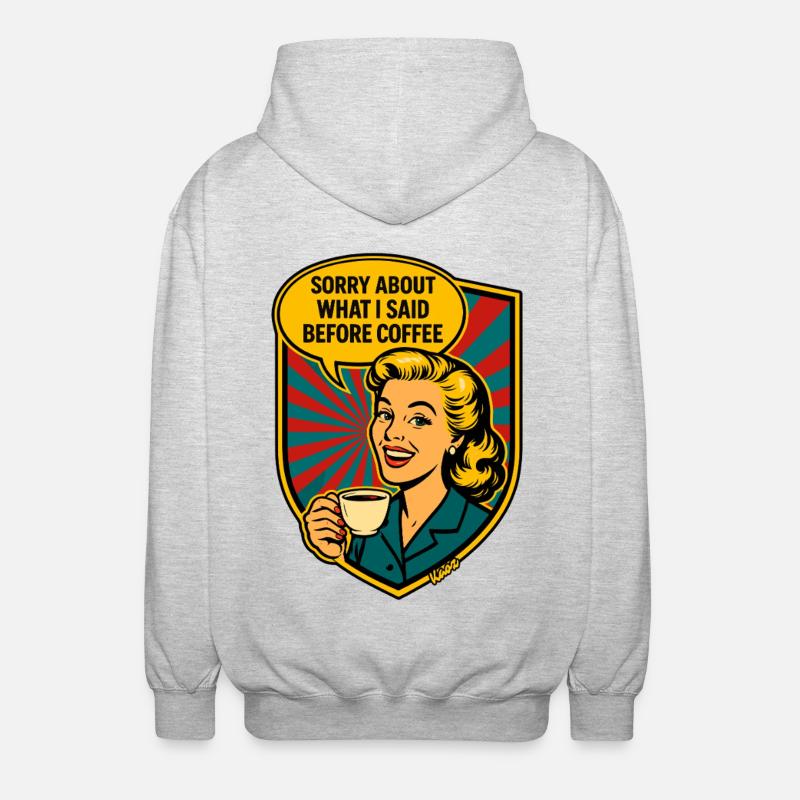 Before Coffee – Retro Meme - Unisex Hooded Jacket - light heather grey