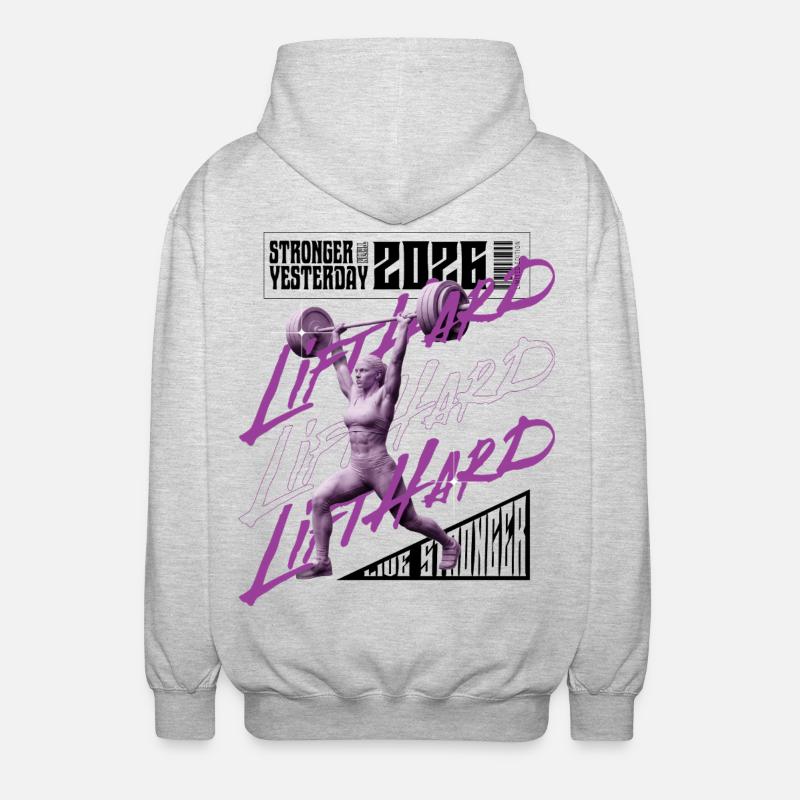 Gewichtheberfrau, lila rosa dunkle Version - Unisex Kapuzenjacke - Hellgrau meliert