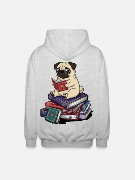 Bücherwurm-Mopshund liest Bücher Kunst - Unisex Kapuzenjacke - Hellgrau meliert