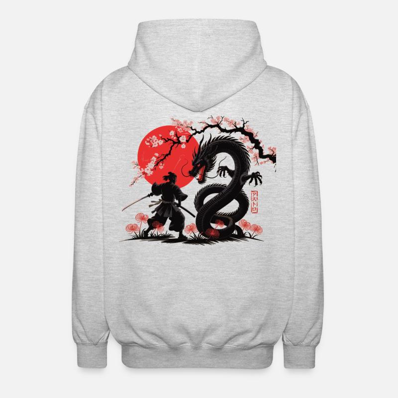 Samurai vs Drache Shirt Drachenkampf - Unisex Kapuzenjacke - Hellgrau meliert