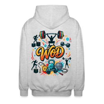 WOD Fitness Bodybuilding Workout Cross Sport Gym - Unisex Hooded Jacket - light heather grey - Back - AI Model Male 185 light (185cm)
