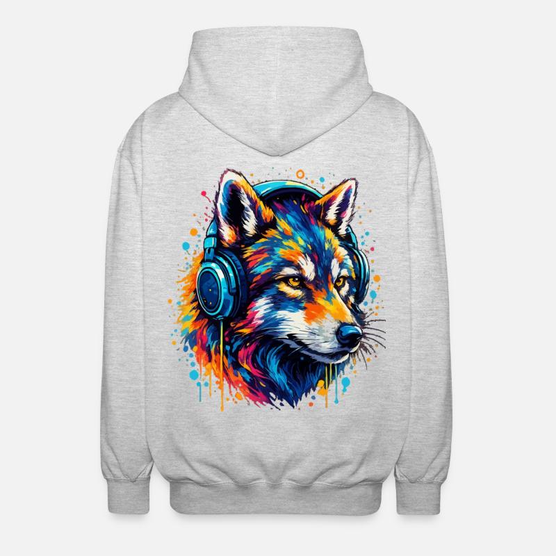Fuchs mit Neon Kopfhörer Kunst - Unisex Kapuzenjacke - Hellgrau meliert