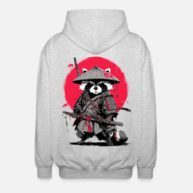 Waschbär-Samurai unter Crimson Moon - Unisex Kapuzenjacke - Hellgrau meliert