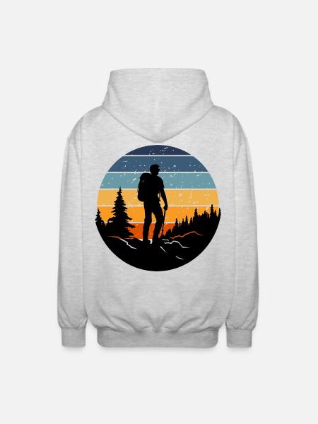 Wanderer-Silhouette im liegenden Retrowald - Unisex Kapuzenjacke - Hellgrau meliert