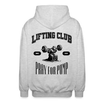 Lifting Club Mönch PRAY FOR PUMP - Unisex Kapuzenjacke - Hellgrau meliert - Hinten - AI Model Male 185 light (185cm)