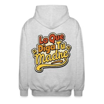 Quoi que dise ta mère - Veste à capuche unisexe - gris clair chiné - Dos - AI Model Male 185 light (185cm)