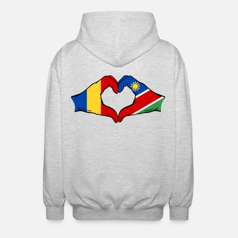 Rumänien Namibia Flagge Hände Herzform - Unisex Kapuzenjacke - Hellgrau meliert