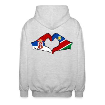 Serbie Namibie Drapeau Coeur - Veste à capuche unisexe - gris clair chiné - Dos - AI Model Male 185 light (185cm)
