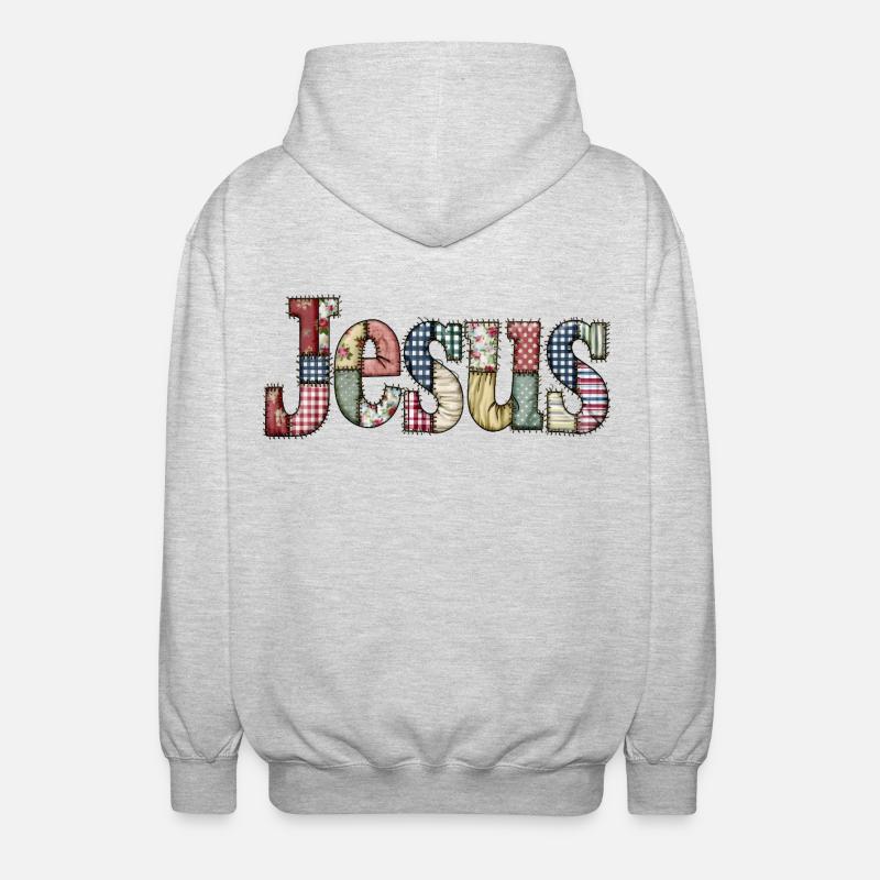 Lettrage Jésus en patchwork - Veste à capuche unisexe - gris clair chiné
