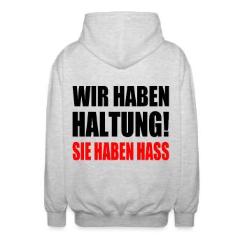 wir haben haltung sie haben hass - Unisex Kapuzenjacke - Hellgrau meliert - Hinten - AI Model Male 185 light (185cm)