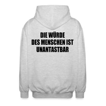 La dignité humaine est inviolable - Veste à capuche unisexe - gris clair chiné - Dos - AI Model Male 185 light (185cm)