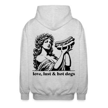 Aphrodite with love, lust and hot dogs Fast food - Unisex Hooded Jacket - light heather grey - Back - AI Model Male 185 light (185cm)