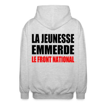 Scheiß auf die Front National - Unisex Kapuzenjacke - Hellgrau meliert - Hinten - AI Model Male 185 light (185cm)