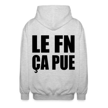 The FN stinks - Unisex Hooded Jacket - light heather grey - Back - AI Model Male 185 light (185cm)