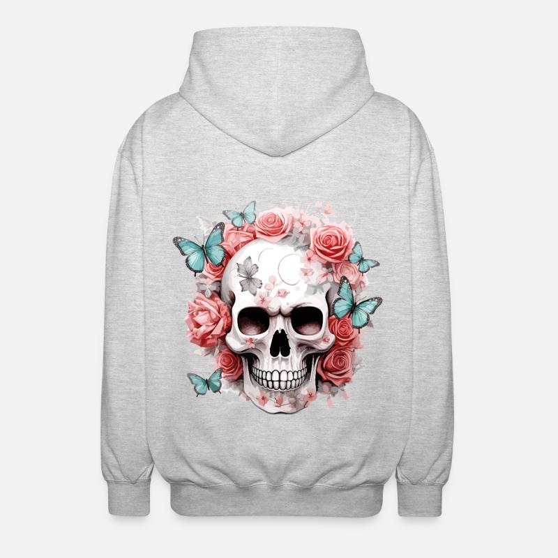Crâne, Crâne, Roses, Fleurs, Papillons - Veste à capuche unisexe - gris clair chiné