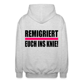 remigriert euch ins knie - Unisex Kapuzenjacke - Hellgrau meliert - Hinten - AI Model Male 185 light (185cm)