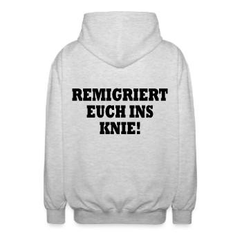 remigriert euch ins knie - Unisex Kapuzenjacke - Hellgrau meliert - Hinten - AI Model Male 185 light (185cm)