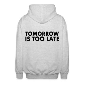 Tomorrow is too late - Unisex Hooded Jacket - light heather grey - Back - AI Model Male 185 light (185cm)