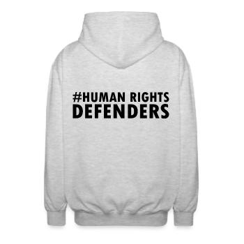 Human rights defenders - Unisex Hooded Jacket - light heather grey - Back - AI Model Male 185 light (185cm)