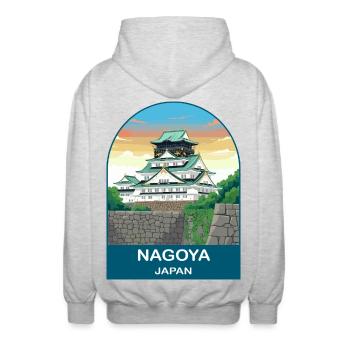 Art d’affiches de voyage vintage du château de Nagoya Japan - Veste à capuche unisexe - gris clair chiné - Dos - AI Model Male 185 light (185cm)