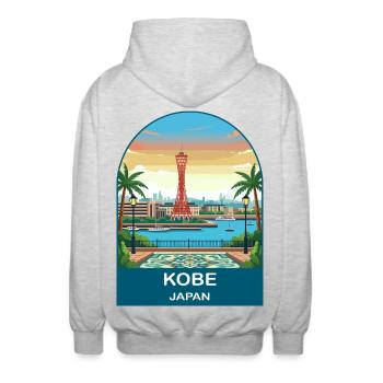 Kobe Japan Port Tower Vintage Travel Art - Unisex Hooded Jacket - light heather grey - Back - AI Model Male 185 light (185cm)