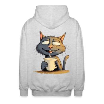 Satisfied Cat with Coffee - Comic Style - Unisex Hooded Jacket - light heather grey - Back - AI Model Male 185 light (185cm)