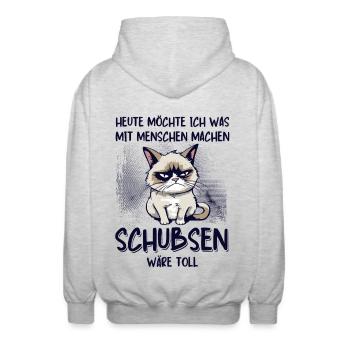 Menschen schubsen - Süße Grump Style Katze - Unisex Kapuzenjacke - Hellgrau meliert - Hinten - AI Model Male 185 light (185cm)