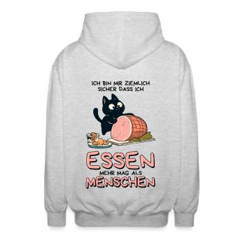 Lieber Essen als Menschen - Süße Schwarze Katze - Unisex Kapuzenjacke - Hellgrau meliert - Hinten - AI Model Male 185 light (185cm)