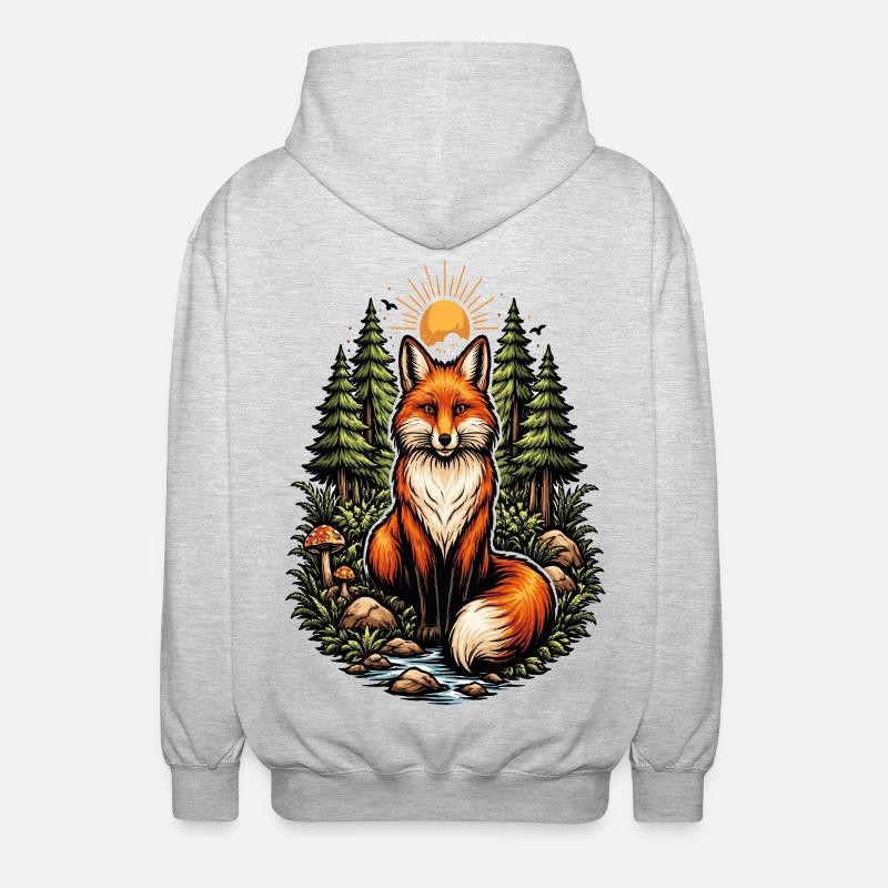 Fuchs im Wald bei Sonnenaufgang - Unisex Kapuzenjacke - Hellgrau meliert