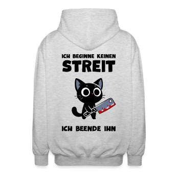 Katze mit Messer – Ich beende jeden Streit - Unisex Kapuzenjacke - Hellgrau meliert - Hinten - AI Model Male 185 light (185cm)