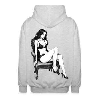 Burlesque Lady in Vintage Armchair – Black and White - Unisex Hooded Jacket - light heather grey - Back - AI Model Male 185 light (185cm)