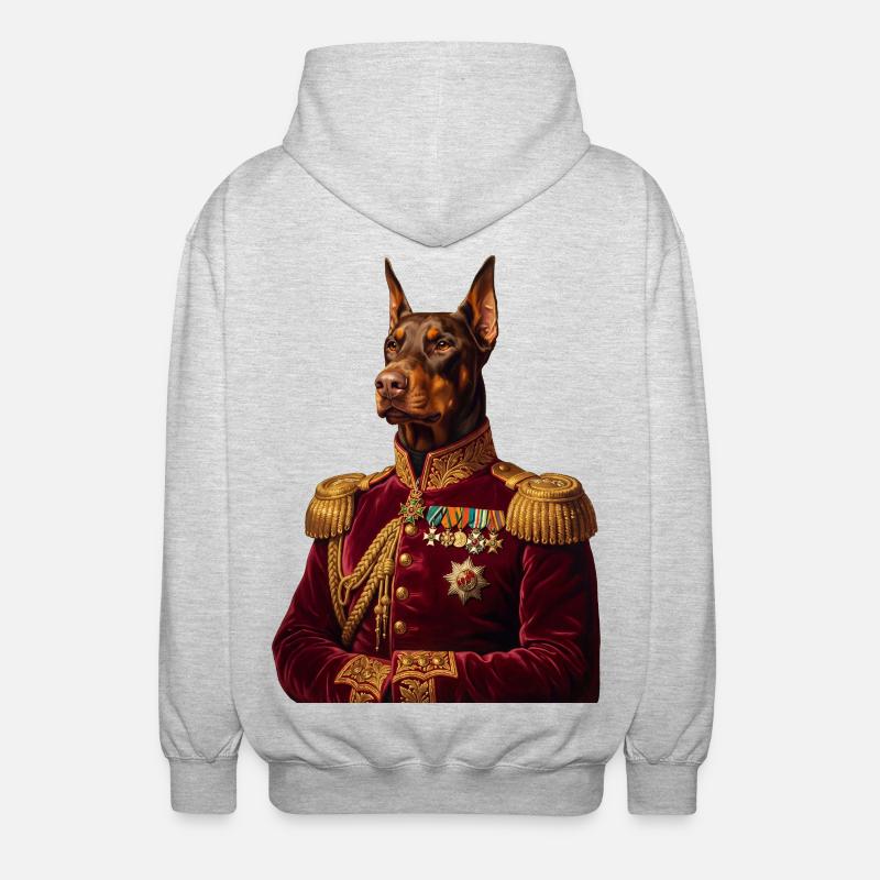 Dobermann Portrait: Der Königliche General - Unisex Kapuzenjacke - Hellgrau meliert