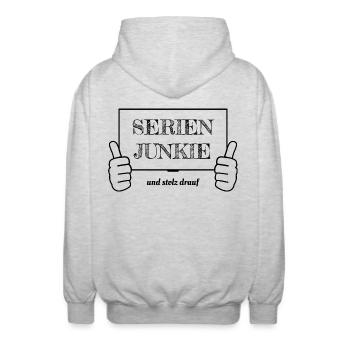 Series junkie and proud of it - Unisex Hooded Jacket - light heather grey - Back - AI Model Male 185 light (185cm)