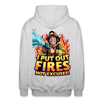 Ich lösche Brände, keine Ausreden – Feuerwehrmann-Kunstwerke - Unisex Kapuzenjacke - Hellgrau meliert - Hinten - AI Model Male 185 light (185cm)