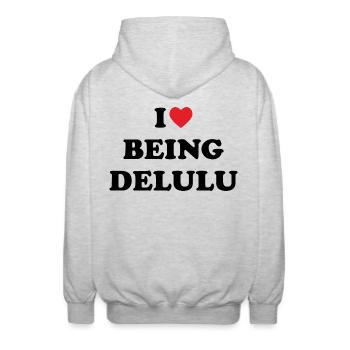 "I love being delulu" // trending designs - Unisex Hooded Jacket - light heather grey - Back - AI Model Male 185 light (185cm)