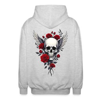 Geflügelter Totenkopf & rote Rosen, Gothic, Totenkopf - Unisex Kapuzenjacke - Hellgrau meliert - Hinten - AI Model Male 185 light (185cm)